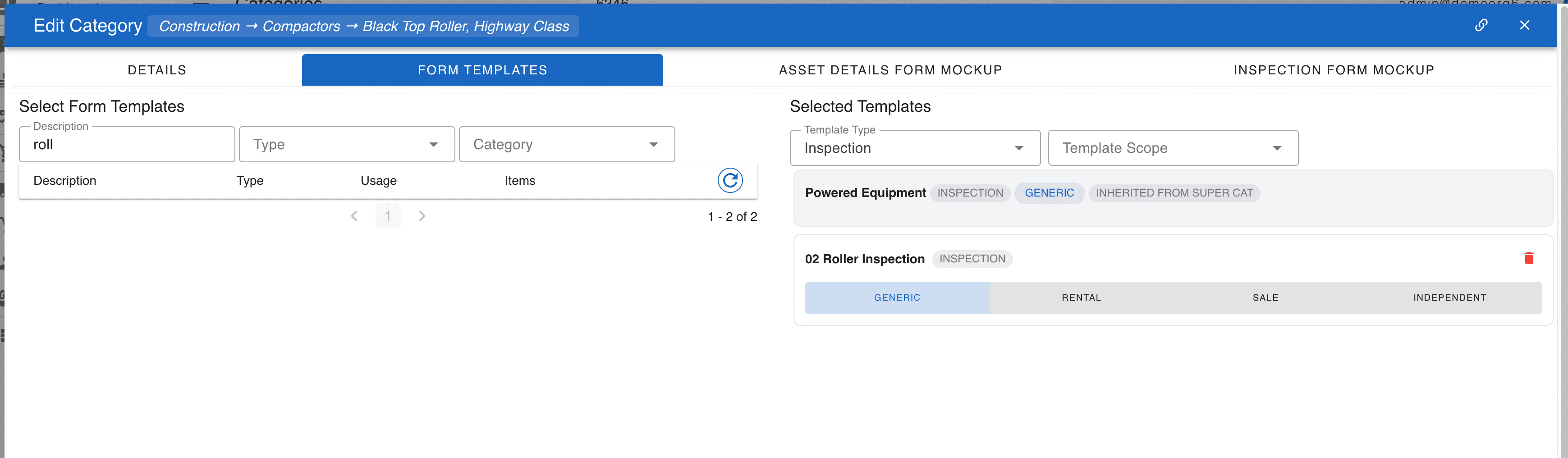 CloudERM — assigning form templates to a specific category in the asset taxonomy