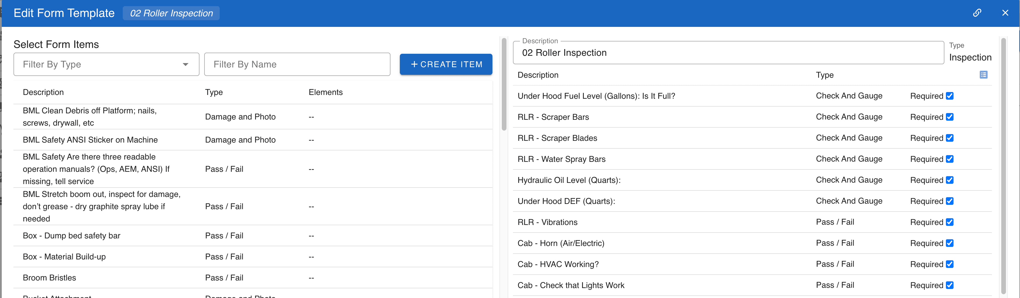 CloudERM — inside a form template, building the specific inspection items (Under Hood Fuel Level, Hydraulic Oil Level, etc.)