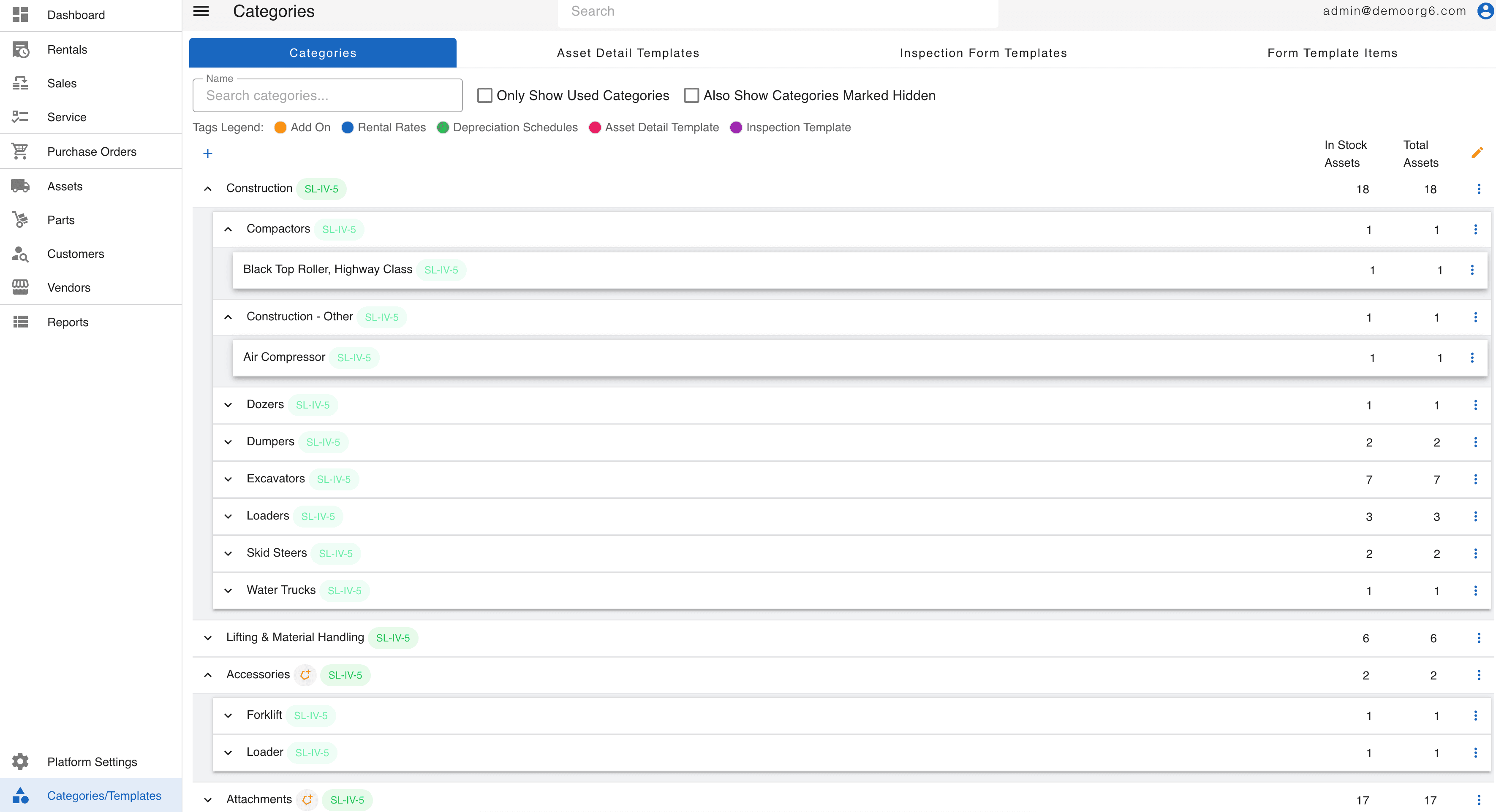 CloudERM categories panel — Construction → Compactors → Black Top Roller, with tags for rental rates, depreciation, asset detail templates, and inspection templates