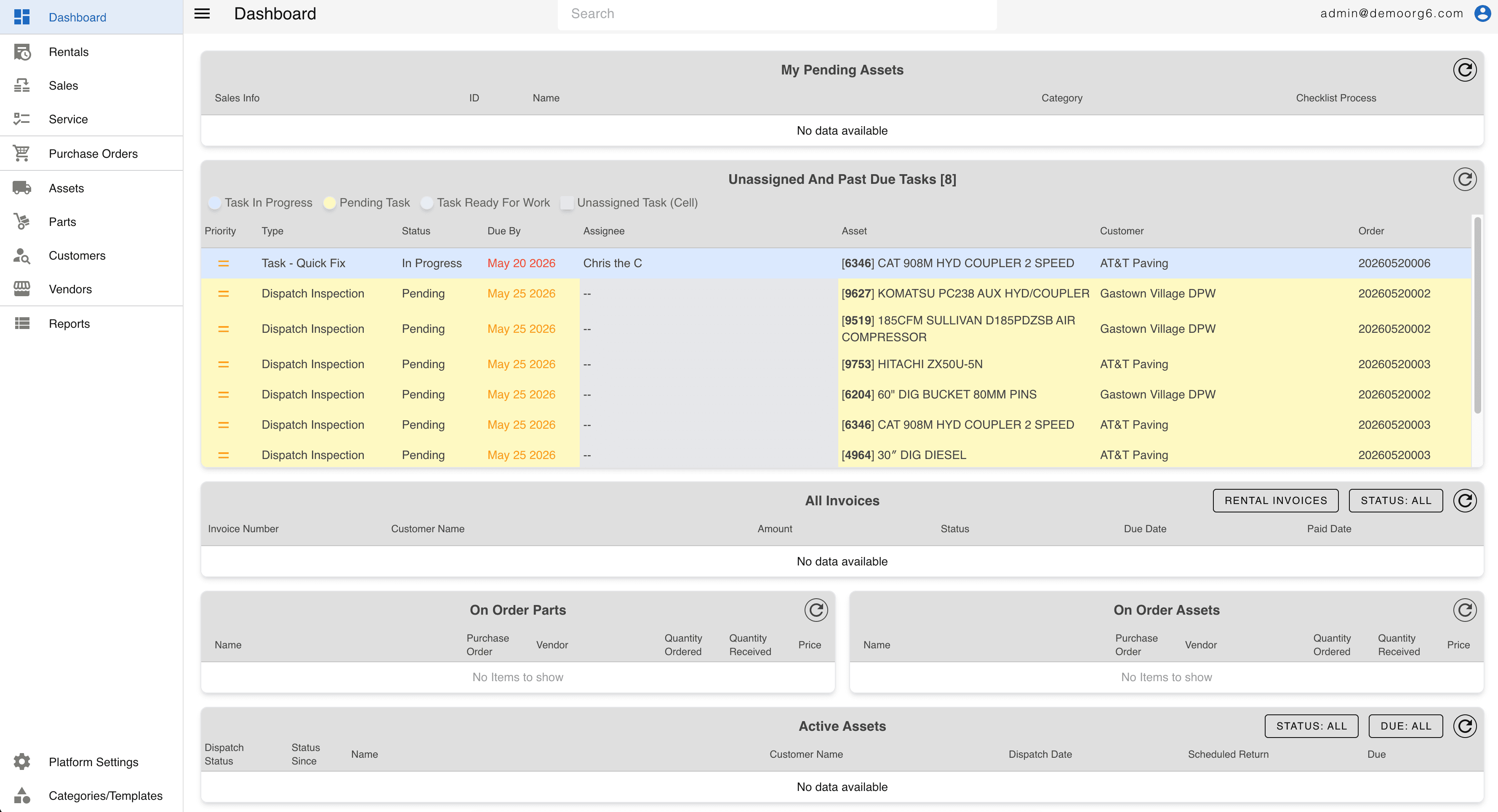 CloudERM dashboard — pending assets, unassigned and past-due tasks, invoices, and parts on order, all on one screen