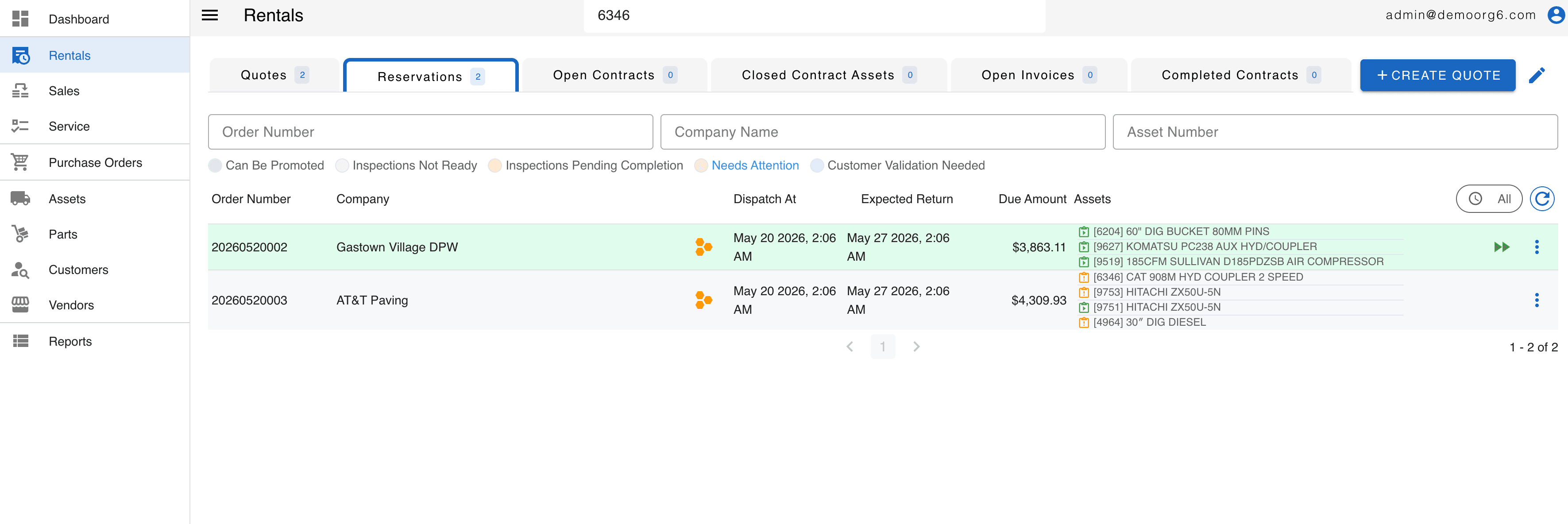 CloudERM reservations dashboard — multiple reservations with status badges and multi-asset lines